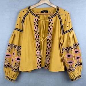 RD+Koko Mustard Yellow Embroidered Cotton Boho Balloon Sleeve Jacket Tie Front